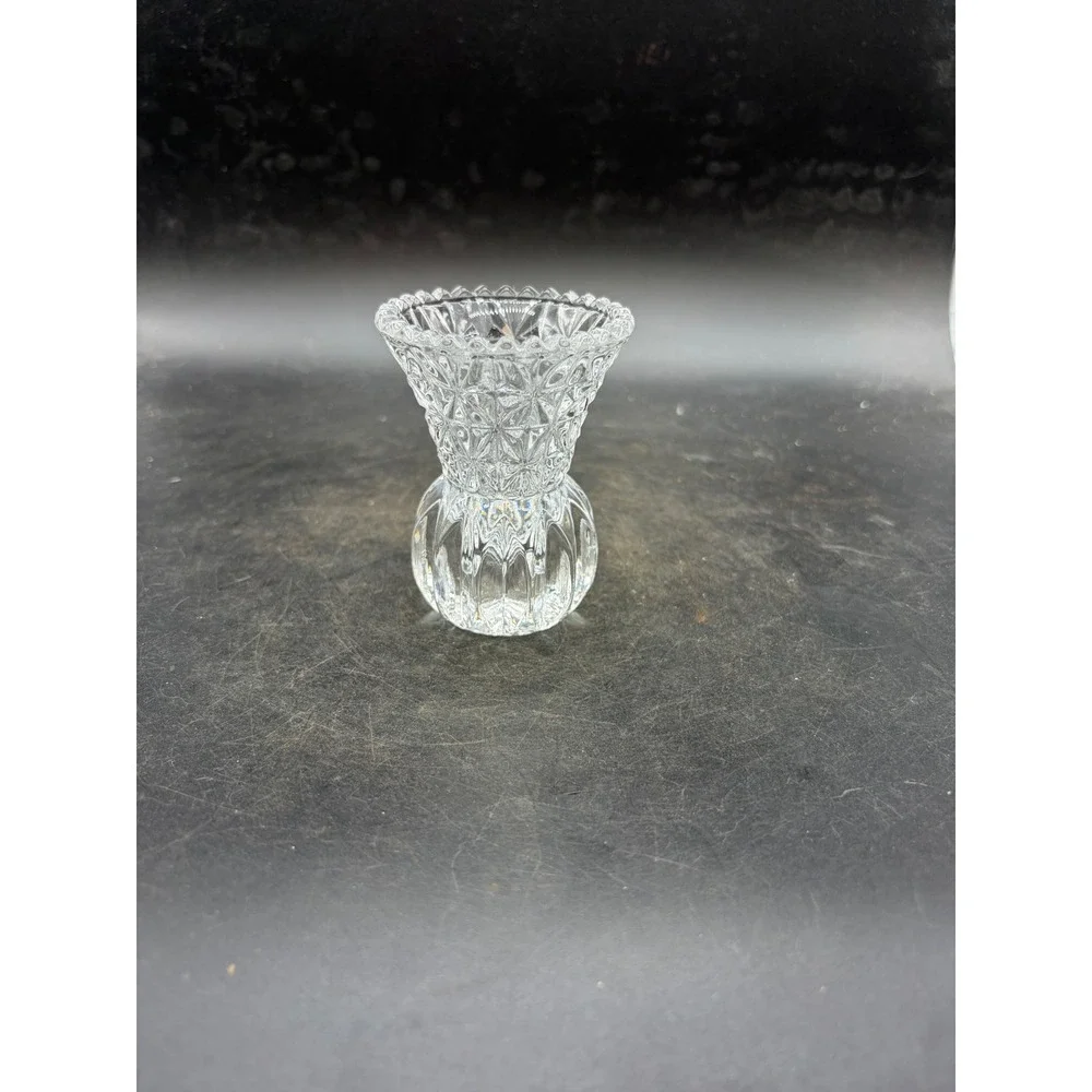 Vintage Cut Glass Bud Vase Clear Crystal Diamond Pattern Scalloped Rim 3.25in